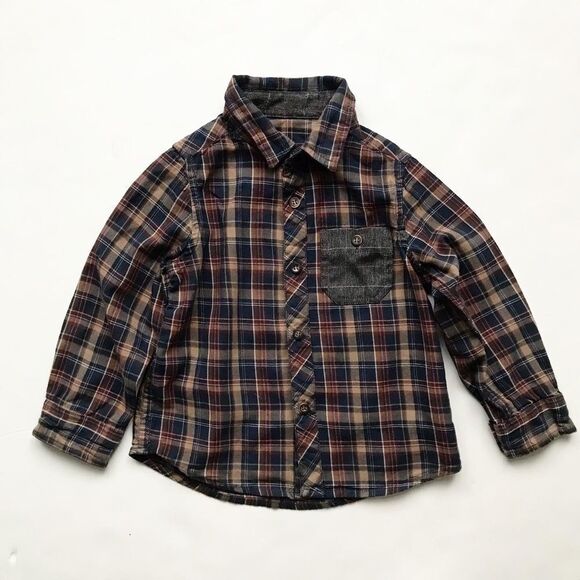 Mothercare brown/navy plaid button up shirt EUC 2-3T - Picture 1 of 5
